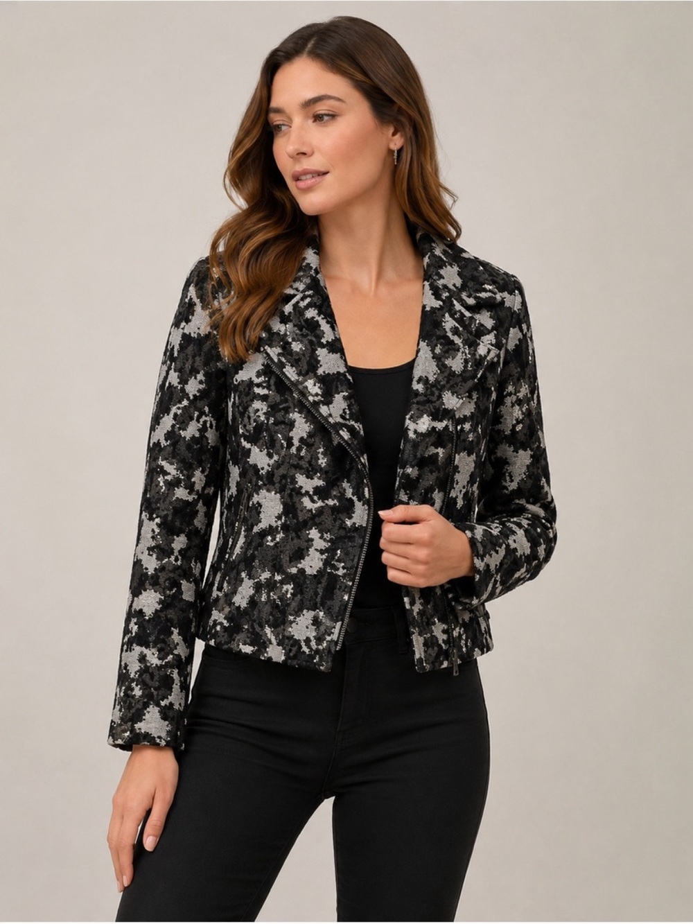 Lafayette 148 New York Merino Wool Abstract Moto Jacket Size 12